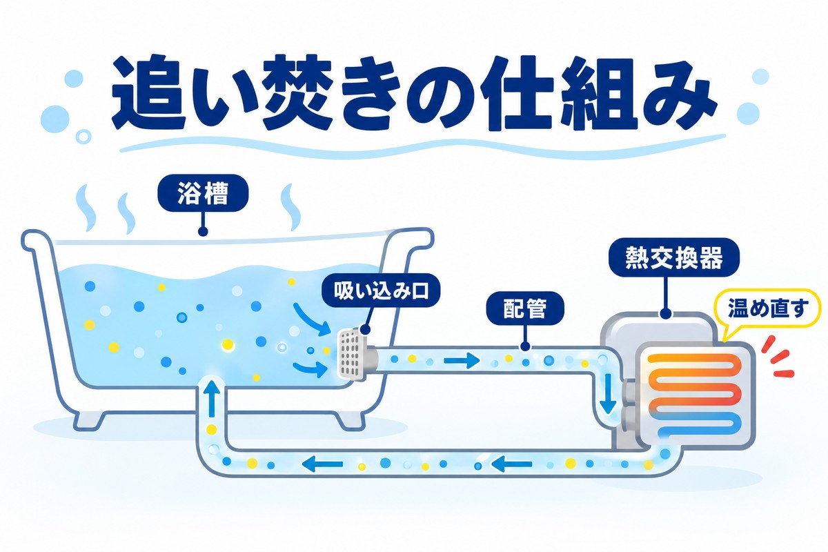 追い焚きの仕組み（浴槽→吸い込み口→熱交換器→浴槽へ循環し、入浴剤の成分も配管を通る概念図）