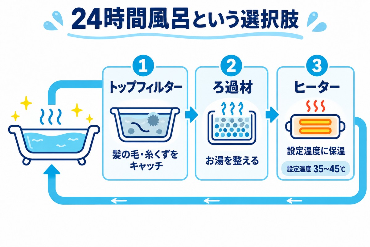 24時間風呂の循環の仕組み（トップフィルター→ろ過材→ヒーターで設定温度35〜45℃に保温）