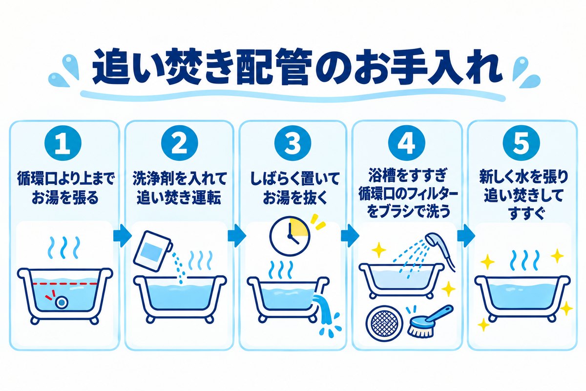 追い焚き配管のお手入れ5ステップ（お湯を張る→洗浄剤で追い焚き→置く→フィルターをブラシで洗う→すすぐ）