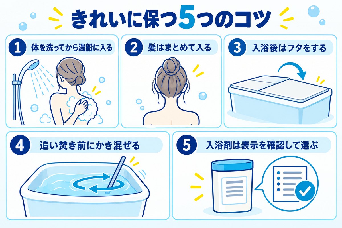 お湯をきれいに保つ5つのコツ（体を洗ってから入る・髪はまとめる・フタをする・追い焚き前にかき混ぜる・入浴剤は表示確認）