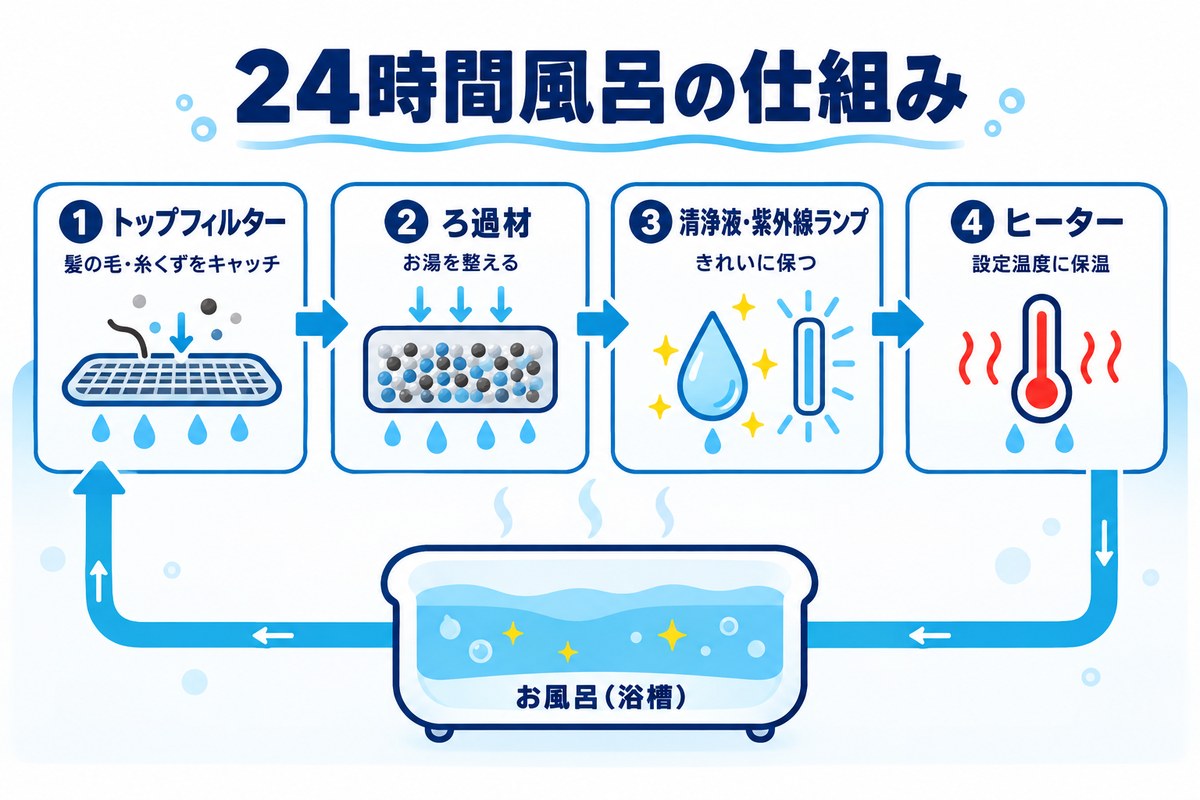 24時間風呂の仕組み（トップフィルター・ろ過材・清浄液/紫外線ランプ・ヒーターの循環フロー図）